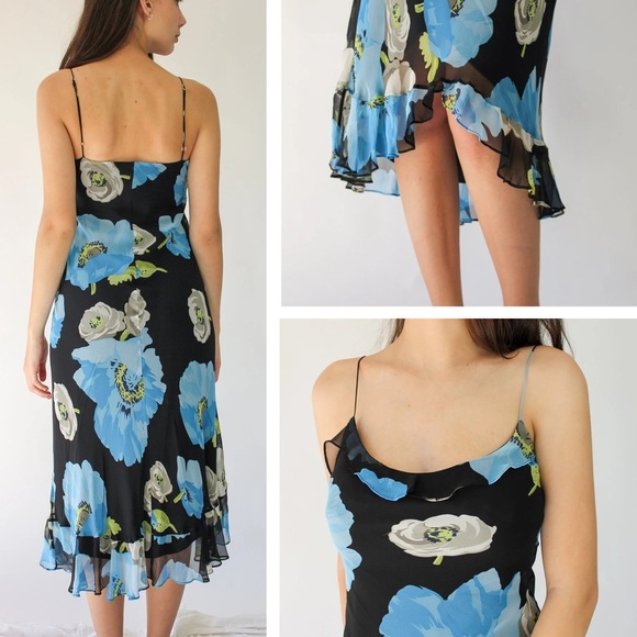Vintage 90s Betsey Johnson Silk Floral Print Spaghetti Strap Maxi Dress - Picture 2 of 15